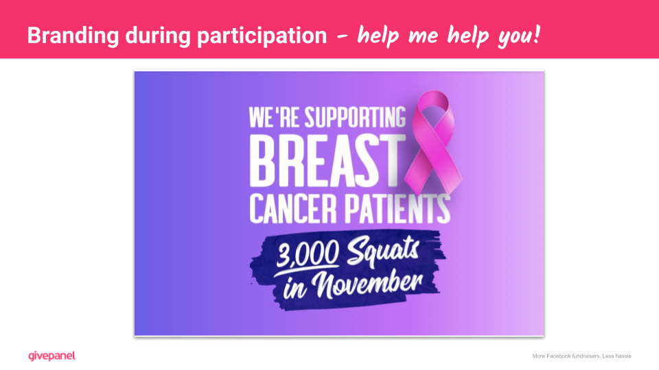 Presentation slide from the webinar. Title is 'Branding during participation - help me help you!' Below is a cover image with the Challenge concept