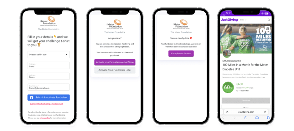 There are 4 mobile phone screens side-by-side. Each shows the next step in GivePanel's JustGiving integration for registration forms that the supporter will see on Facebook.