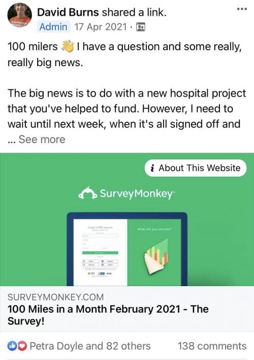 Screenshot of a Facebook post. The post contains a link to a SurveyMonkey survey about the 100 miles in in a month February 2021 Facebook Challenge. Screenshot of a Facebook post. The post contains a link to a SurveyMonkey survey about the 100 miles in in a month February 2021 Facebook Challenge.